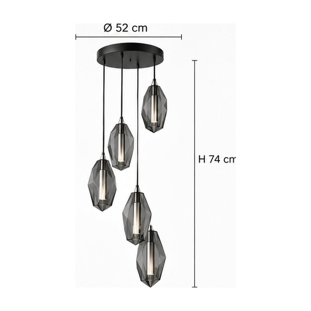 Suspension Prismes Descendants – Composition sculpturale à cinq lumières