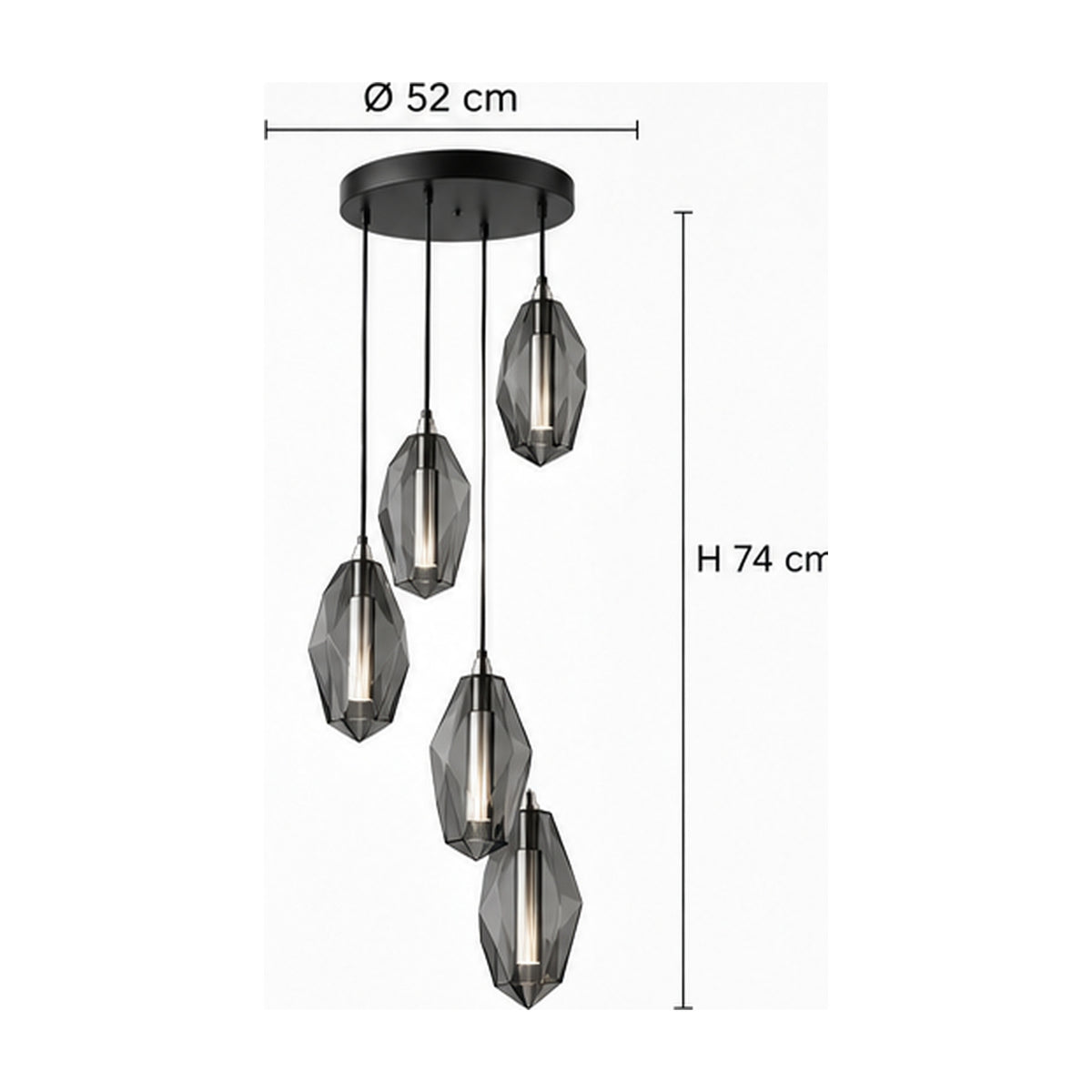 Suspension Prismes Descendants – Composition sculpturale à cinq lumières