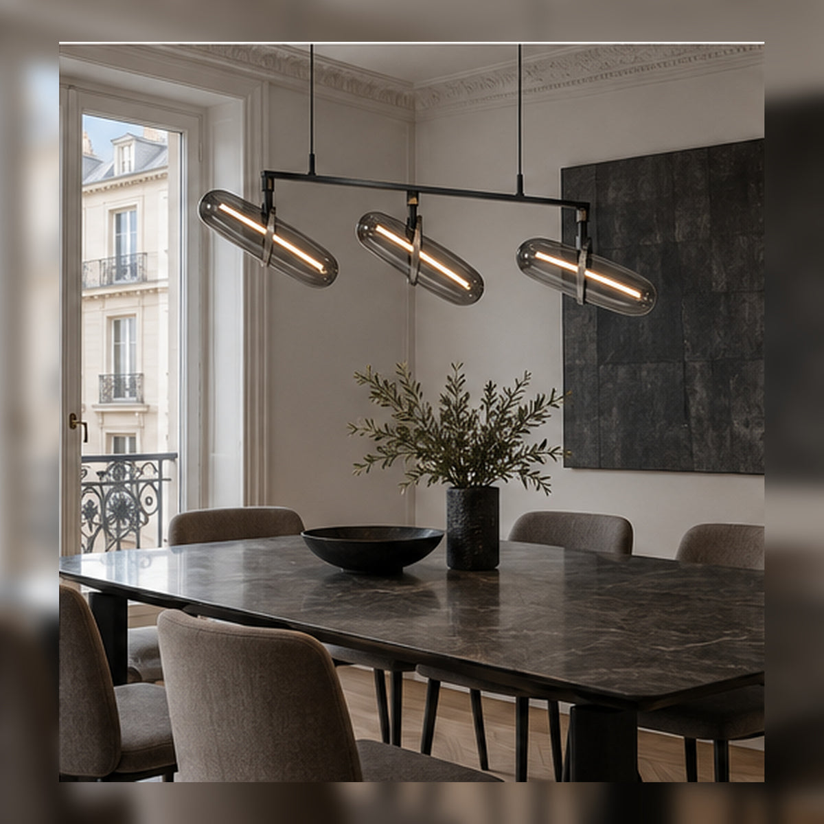 Suspension Vecteur Trois – Luminaire graphique en verre fumé